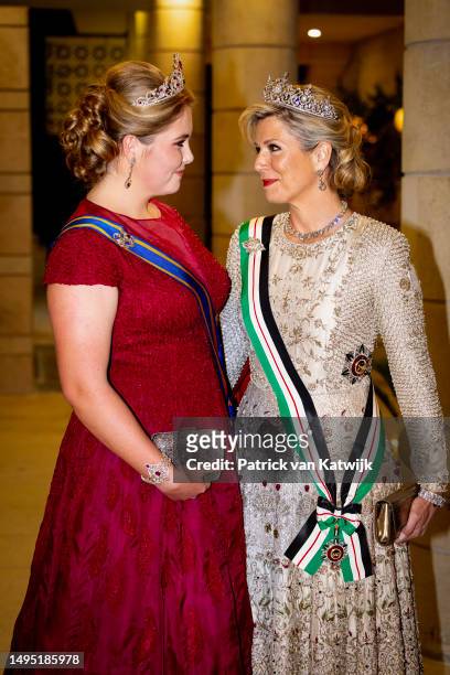 Princess Amalia of The Netherlands and Queen Maxima of The Netherlands leave their hotel for the wedding banquet of Crown Prince Al Hussein Bin...