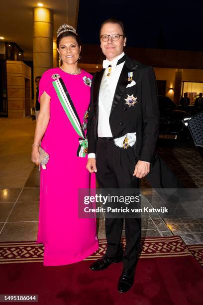 Crown Princess Victoria of Sweden and Prince Daniel Sweden leave their hotel for the wedding banquet of Crown Prince Al Hussein Bin Abdullah of...