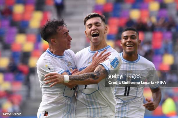 Anderson Duarte of Uruguay celebrates with his teammates after scoring the team's first goal during a FIFA U-20 World Cup Argentina 2023 Round of 16...
