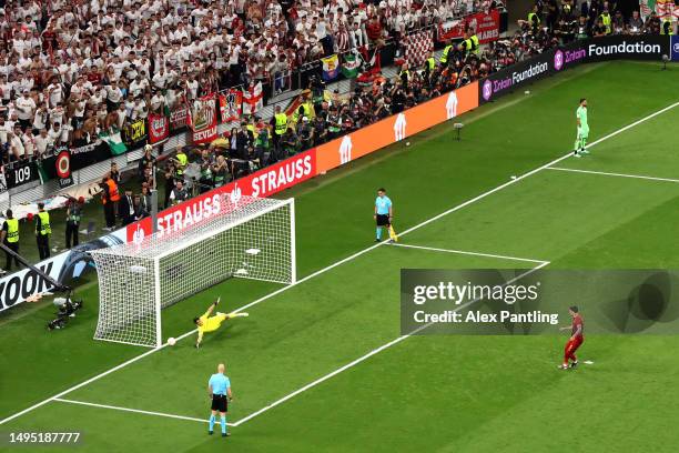 Yassine Bounou of Sevilla FC saves the third penalty from Roger Ibanez of AS Roma in the penalty shoot out during the UEFA Europa League 2022/23...