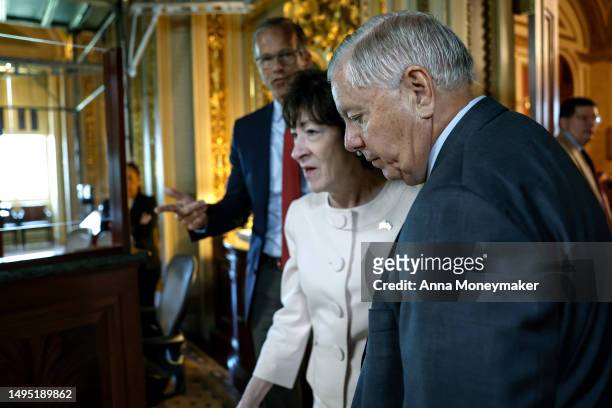 Sen. John Thune , Sen. Susan Collins , and Sen. Lindsey Graham leave to meet with Sen. Kyrsten Sinema during luncheon with Senate Republicans at the...