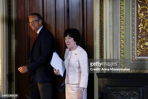 Sen. John Thune and Sen. Susan Collins depart from a luncheon with Senate Republicans at the U.S. Capitol Building on June 01, 2023 in Washington,...