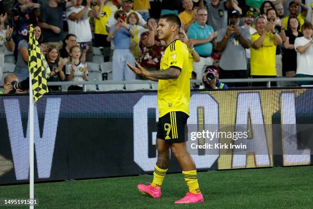 Cucho Hernández of the Columbus Crew reacts after scoring a goal during the match against the Colorado Rapids at Lower.com Field on May 31, 2023 in...