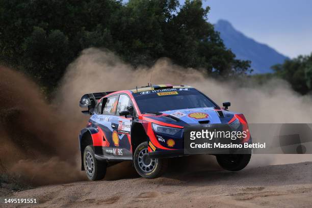 Thierry Neuville of Belgium and Martijn Wydaeghe of Belgium compete with their Hyundai Shell Mobis WRT Hyundai i20 N Rally1 Hybrid during day one of...