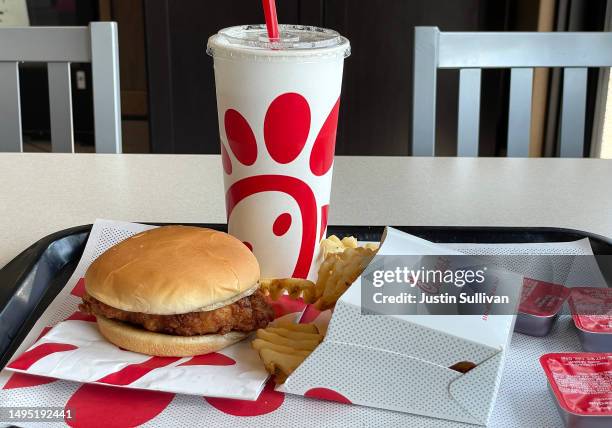In this photo illustration, a Chick-fil-A meal is displayed at a Chick-fil-A restaurant on June 01, 2023 in Novato, California. The fast food chain...