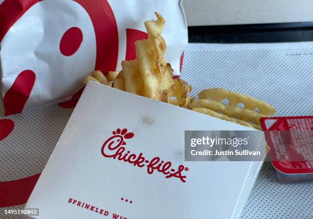 In this photo illustration, a Chick-fil-A meal is displayed at a Chick-fil-A restaurant on June 01, 2023 in Novato, California. The fast food chain...