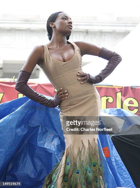 Model strikes a pose in a Clarence Black Couture original design at Harlem Week's 38th Anniversary Celebration at Ulysses S. Grant National Memorial...