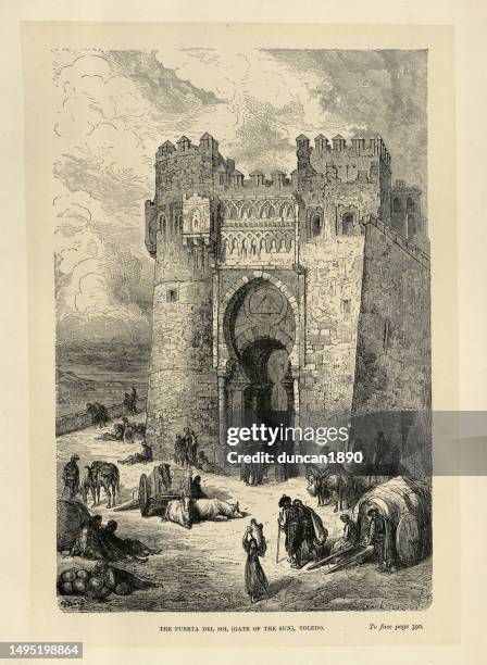 spanish architecture, puerta del sol is a city gate of toledo, spain, built in the late 14th century by the knights hospitaller - puerta del sol madrid stock illustrations