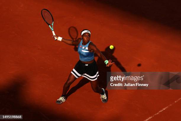 Cori Gauff of United States plays a forehand against Julia Grabher of Austria during the Women's Singles Second Round match on Day Five of the 2023...
