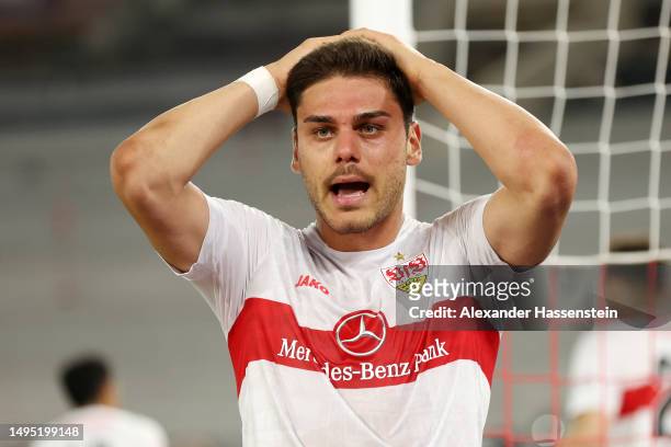 Konstantinos Mavropanos of VfB Stuttgart reacts during the Bundesliga playoffs first leg match between VfB Stuttgart and Hamburger SV at...