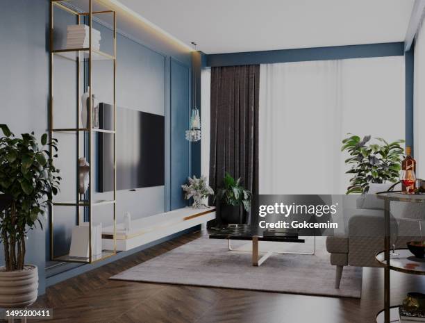 modern cozy living room interior design. 3d rendering. - neo classical stock pictures, royalty-free photos & images