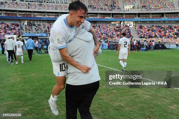 Franco Gonzalez of Uruguay celebrates following the team's victory after the FIFA U-20 World Cup Argentina 2023 Round of 16 match between Gambia and...
