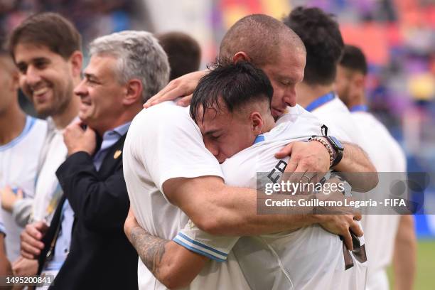 Franco Gonzalez of Uruguay celebrate following the team's victory after the FIFA U-20 World Cup Argentina 2023 Round of 16 match between Gambia and...
