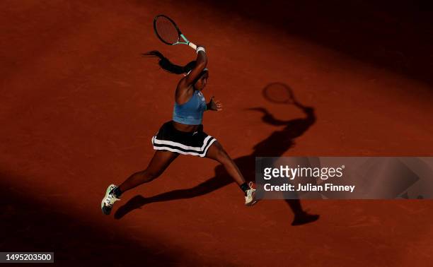 Coco Gauff of United States in action against Julia Grabher of Austria during the Women's Singles Second Round match on Day Five of the 2023 French...