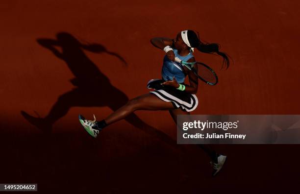 Coco Gauff of United States in action against Julia Grabher of Austria during the Women's Singles Second Round match on Day Five of the 2023 French...
