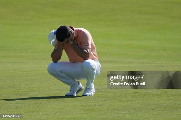 Billy Horschel of the United States reacts to a shot on the 17th fairway during the first round of the Memorial Tournament presented by Workday at...