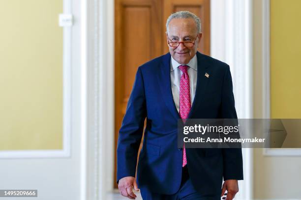 Senate Majority Leader Chuck Schumer walks to the Senate Chambers in the U.S. Capitol Building on June 01, 2023 in Washington, DC. The Senate is...