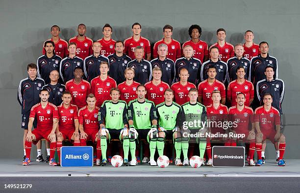 Player of Bayern line up for the offical team picture during the Bayern Muenchen team presentation at Bayern's training ground Saebener Strasse on...