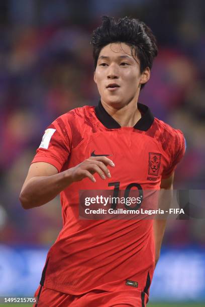 Bae Junho of Korea Republic celebrates after scoring the team's second goal during a FIFA U-20 World Cup Argentina 2023 Round of 16 match between...