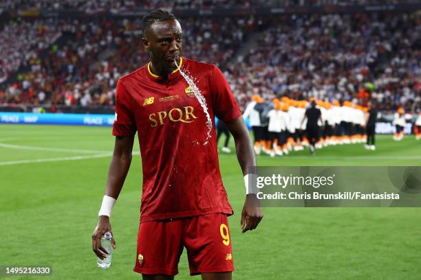 Tammy Abraham of AS Roma spits out water ahead of the UEFA Europa League 2022/23 final match between Sevilla FC and AS Roma at Puskas Arena on May...