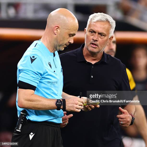 Roma coach Jose Mourinho looks at referee Anthony Taylor during the UEFA Europa League 2022/23 final match between Sevilla FC and AS Roma at Puskas...