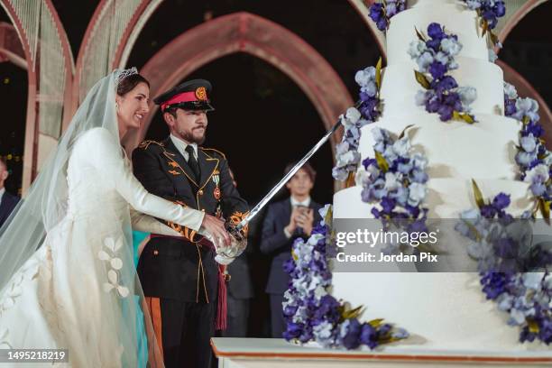 Jordan Crown Prince Al Hussein and Princess Rajwa Al Hussein depart Zahran palace during their wedding on June 01, 2023 in Amman, Jordan. Al Hussein...