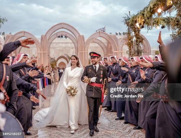 Jordan Crown Prince Al Hussein and Princess Rajwa Al Hussein depart Zahran palace during their wedding on June 01, 2023 in Amman, Jordan. Al Hussein...