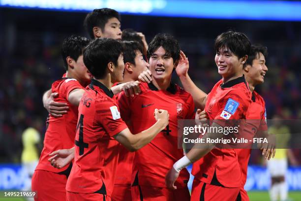 Choi Seokhyun of Korea Republic celebrates with teammates after scoring the team's third goal during a FIFA U-20 World Cup Argentina 2023 Round of 16...