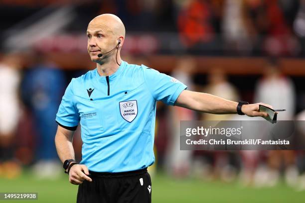 Referee Anthony Taylor gestures during the UEFA Europa League 2022/23 final match between Sevilla FC and AS Roma at Puskas Arena on May 31, 2023 in...