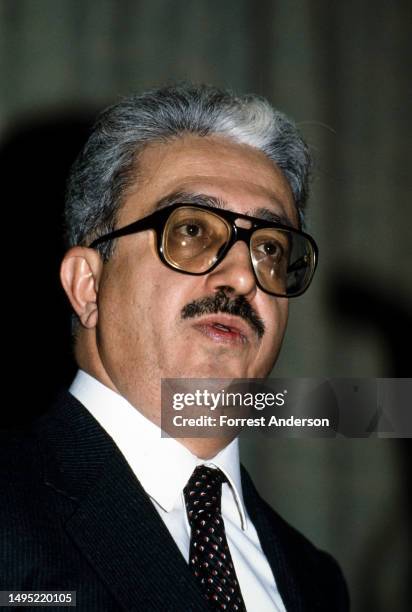 Close-up of Iraqi Deputy Prime Minister and Foreign Minister Tariq Aziz , New York, New York, 1984.