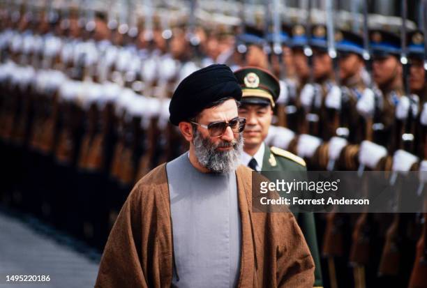 View of Iranian President Ali Khameneyi during a welcoming ceremony for his State Visit, Beijing, China, May 11, 1989.