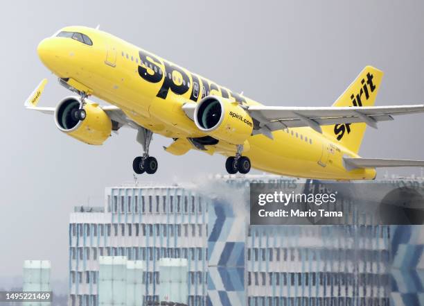 Spirit Airlines plane takes off at Los Angeles International Airport on June 1, 2023 in Los Angeles, California. Over 40 percent of Spirit Airlines...