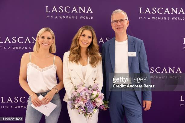 Sandra Kuhn, Victoria Swarovski and Olaf Koopmann attend the LASCANA Fashion Store Pre-Opening on June 01, 2023 in Cologne, Germany.