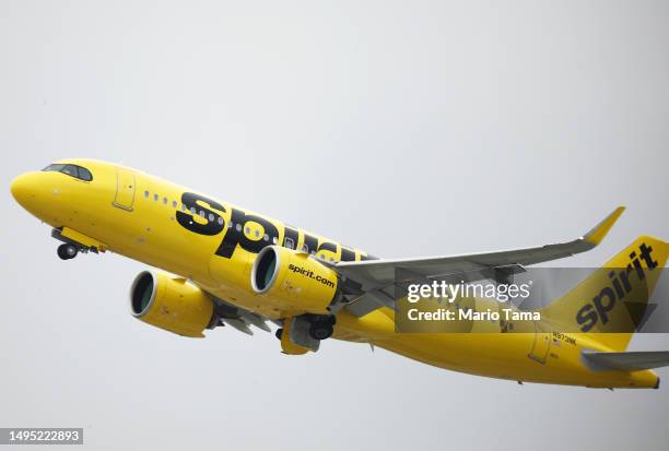 Spirit Airlines plane takes off at Los Angeles International Airport on June 1, 2023 in Los Angeles, California. Over 40 percent of Spirit Airlines...