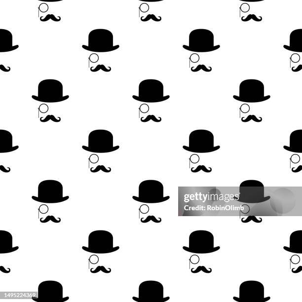 bowler hat and monicle face seamless pattern - bowler hats stock illustrations