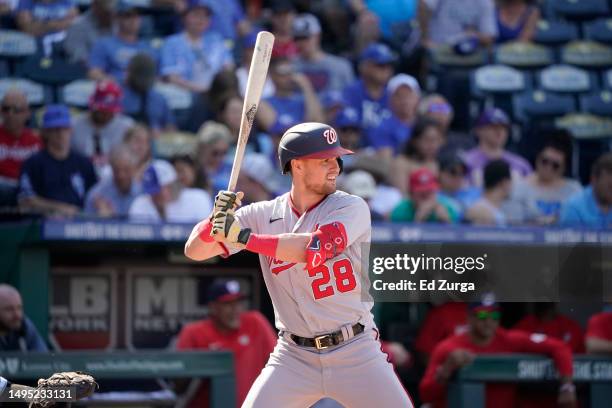 Lane Thomas of the Washington Nationals bats against the Kansas City Royals at Kauffman Stadium on May 27, 2023 in Kansas City, Missouri.