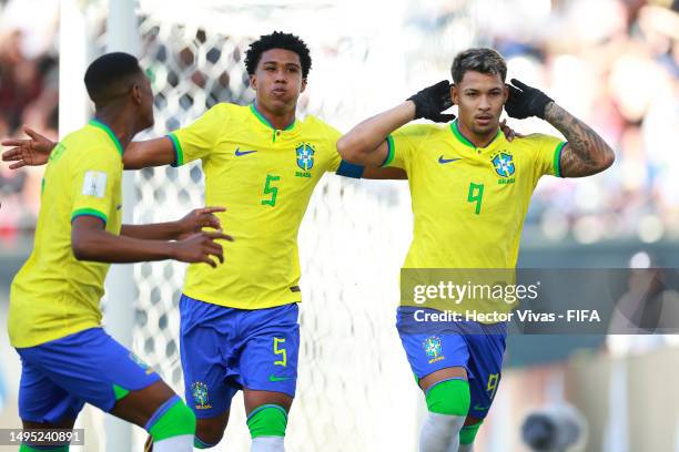 Marcos Leonardo of Brazil celebrates with Andrey Santos and Robert Renan after scoring the team's first goal duringthe FIFA U-20 World Cup Argentina...