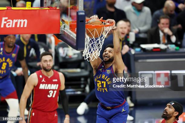 Jamal Murray of the Denver Nuggets dunks during the first quarter against the Miami Heat in Game One of the 2023 NBA Finals at Ball Arena on June 01,...