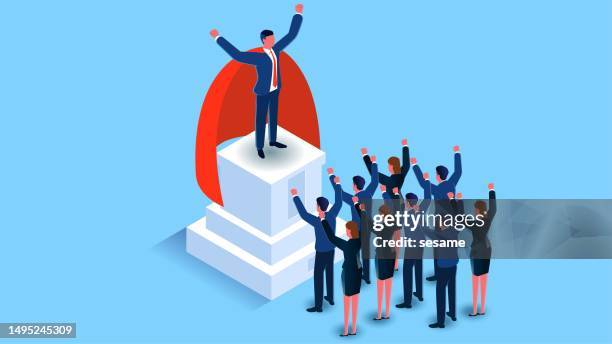 advocates, followers, revolutionaries, leaders with a useful competitive advantage, leadership, best employees, a bunch of businessmen cheering the superheroes who stand tall and wear the cape - moving after stock illustrations