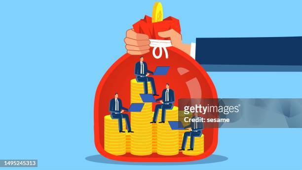 making employees make money for themselves, exploitation and oppression, cheap labor, capitalist dictators or slavery, bosses making employees work inside their money bags - prisoner vector stock illustrations