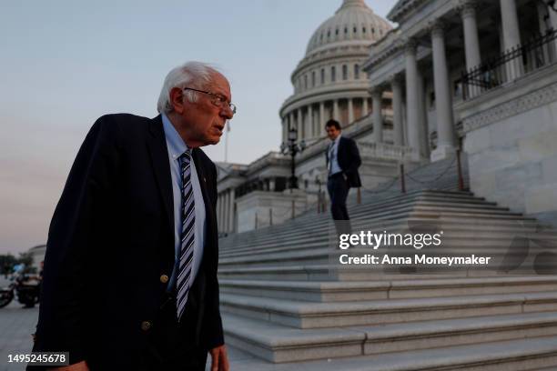 Sen. Bernie Sanders arrives to the U.S. Capitol Building on June 01, 2023 in Washington, DC. The Senate reached an agreement to vote on 11 amendments...