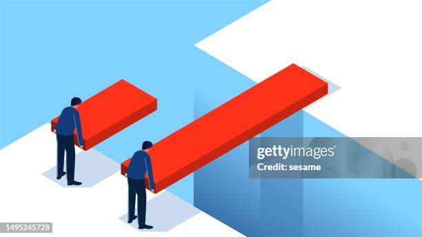 competitive advantage, advantage versus disadvantage, effective strategic planning, one trader with a plank of sufficient length to pass through a gully another trader with a plank of insufficient length - versus stock illustrations
