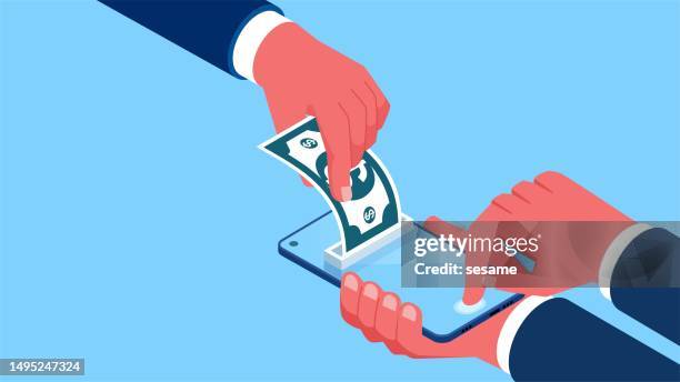 geld verdienen im internet, geld online überweisen, kredite online oder online aufnehmen, mobile zahlungen tätigen, mit den händen geld aus dem smartphone nehmen - brand name mobile payment stock-grafiken, -clipart, -cartoons und -symbole