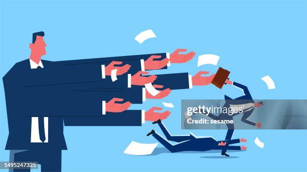 heavy debt burden, tax payments, loan repayments, high economic or financial expenses, giants with numerous hands outstretched demanding a list of expenses from businessmen - tax penalty stock illustrations