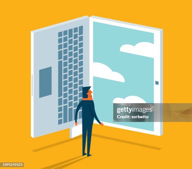 laptop computer door with blue sky and cloud - prison window stock illustrations