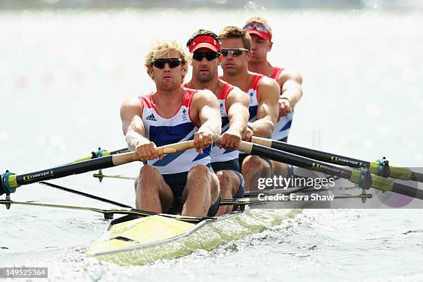 Andrew Triggs Hodge, Tom James, Pete Reed and Alex Gregory of Great Britain compete in the Men's Four heats on Day 3 of the London 2012 Olympic Games...