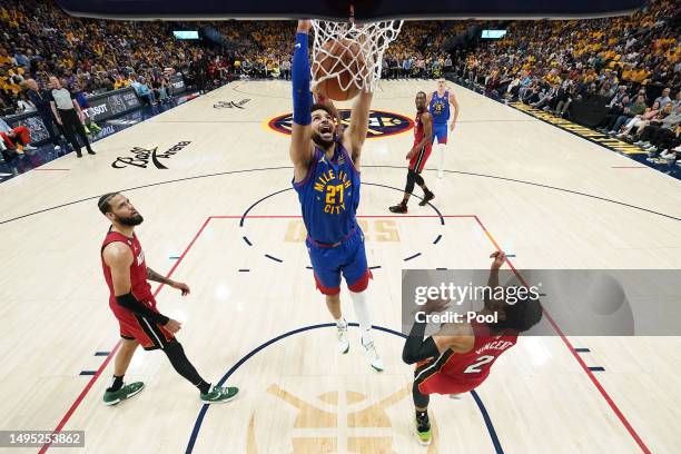 Jamal Murray of the Denver Nuggets dunks during the first half against the Miami Heat in Game One of the 2023 NBA Finals at Ball Arena on June 01,...