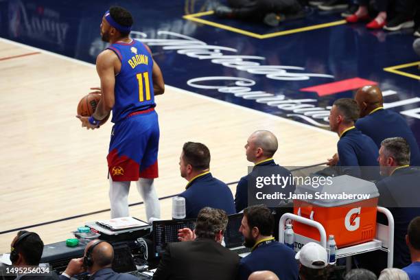 Detail view of a Gatorade cooler as Bruce Brown of the Denver Nuggets prepares to inbound the ball during the third quarter against the Miami Heat in...