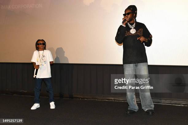 Halo and 2Chainz speak onstage during Spider-Man: Across The Spider-Verse Atlanta Screening at Regal Atlantic Station on June 01, 2023 in Atlanta,...