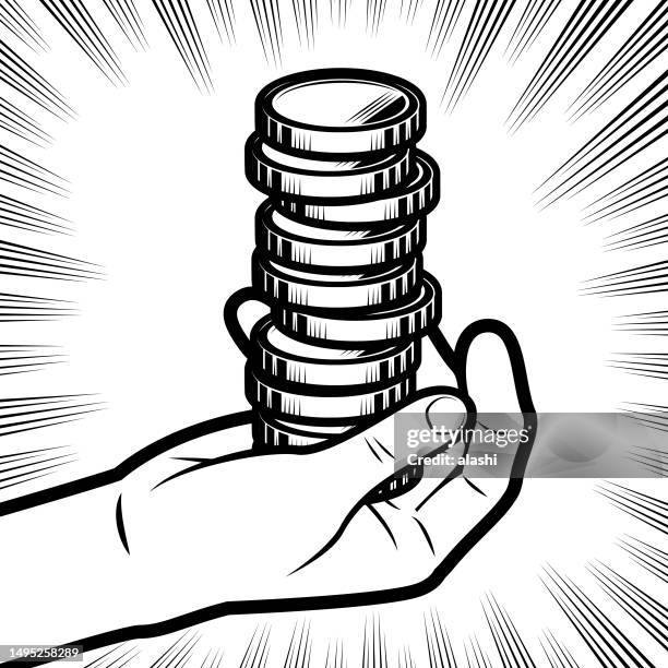 a human hand holds a stack of golden coins money, in the background with radial manga speed lines - financial freedom stock illustrations